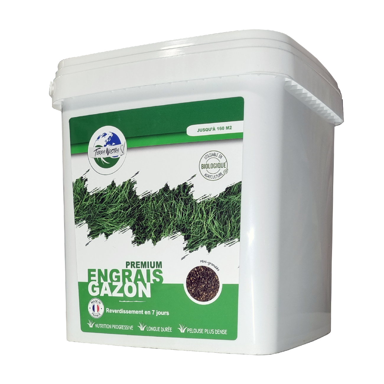 Engrais Premium Gazon Boite ou Seau Mini Granulés Fabriqué en France Terra Nostra
