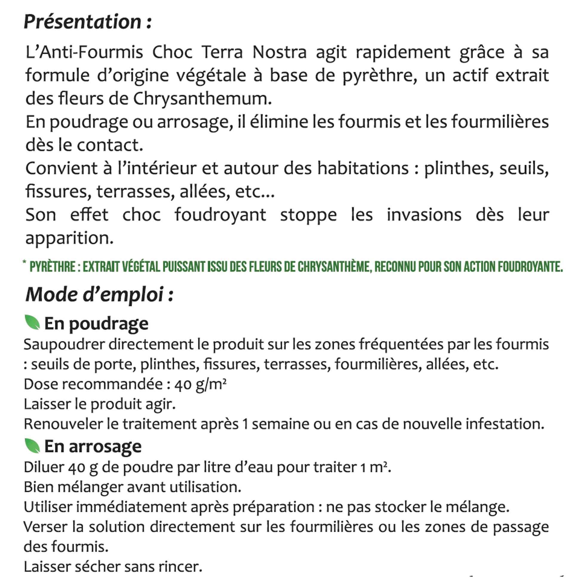 Anti - Fourmis - Choc Poudrage & Arrosage - Prêt à l'emploi - Poudreuse 250 gr - Terra Nostra - insecticides a base de produits naturels