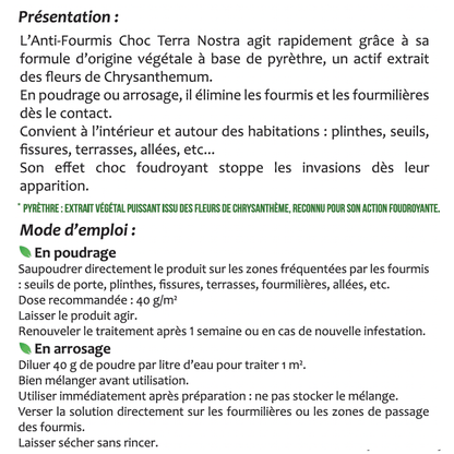Anti - Fourmis - Choc Poudrage & Arrosage - Prêt à l'emploi - Poudreuse 250 gr - Terra Nostra - insecticides a base de produits naturels