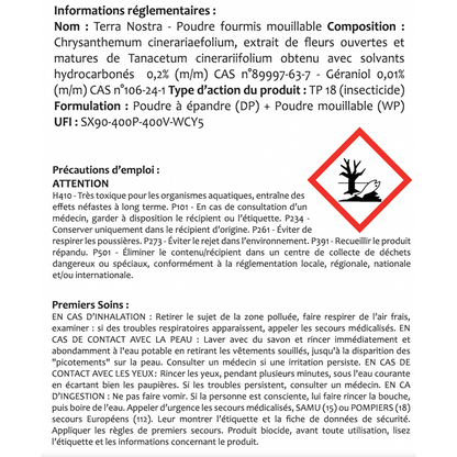 Anti - Fourmis - Choc Poudrage & Arrosage - Prêt à l'emploi - Poudreuse 250 gr - Terra Nostra - insecticides a base de produits naturels
