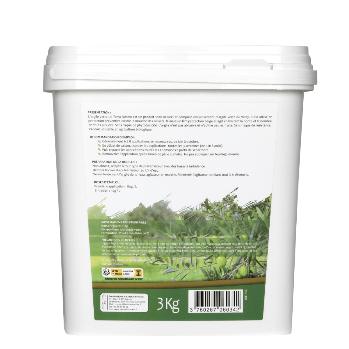 Argile Verte Mouches des Oliviers Seau 3KG - Terra Nostra - insecticides a base de produits naturels